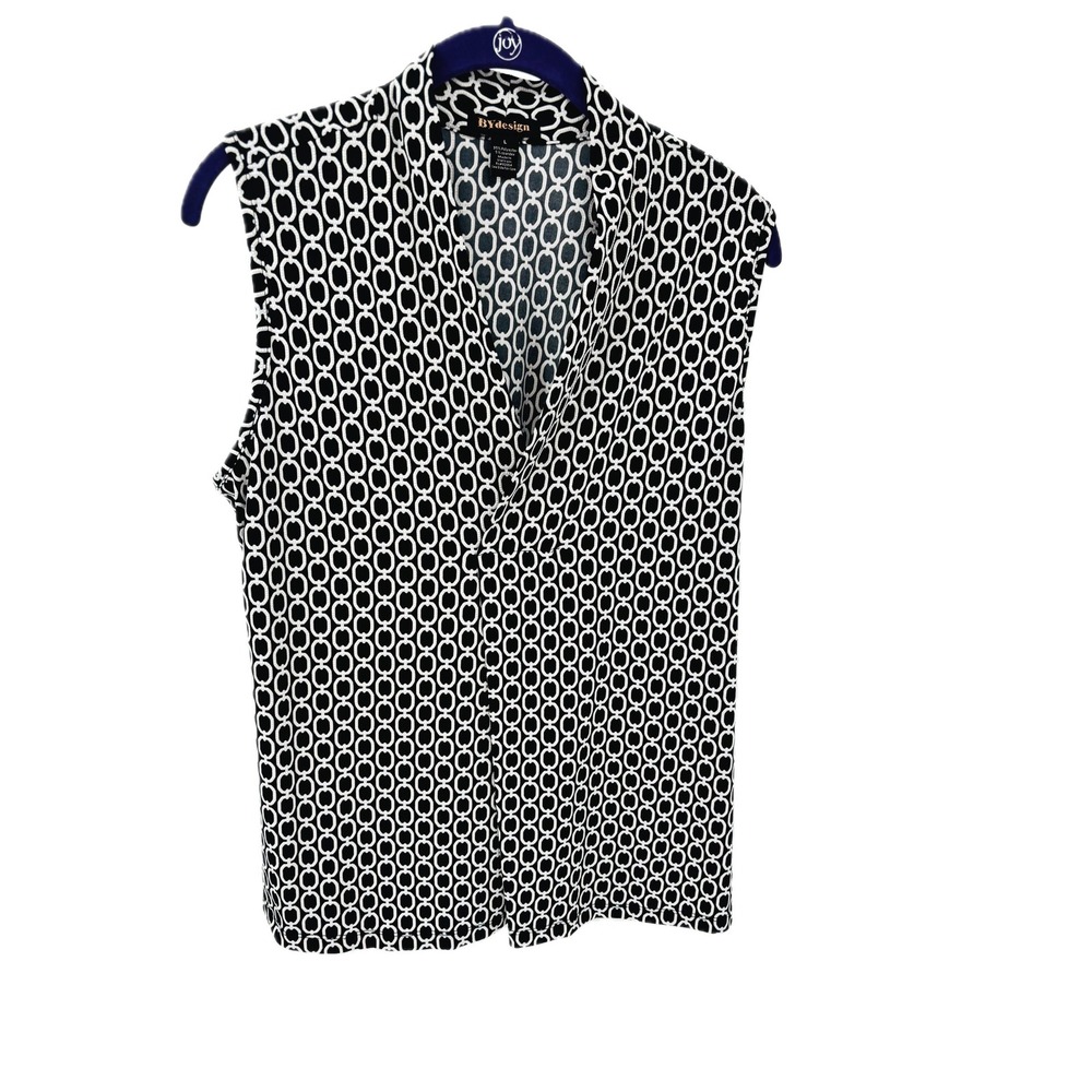 By Design Navy White Chain Pattern V Neck Front Pleat Sleeveless Top Large